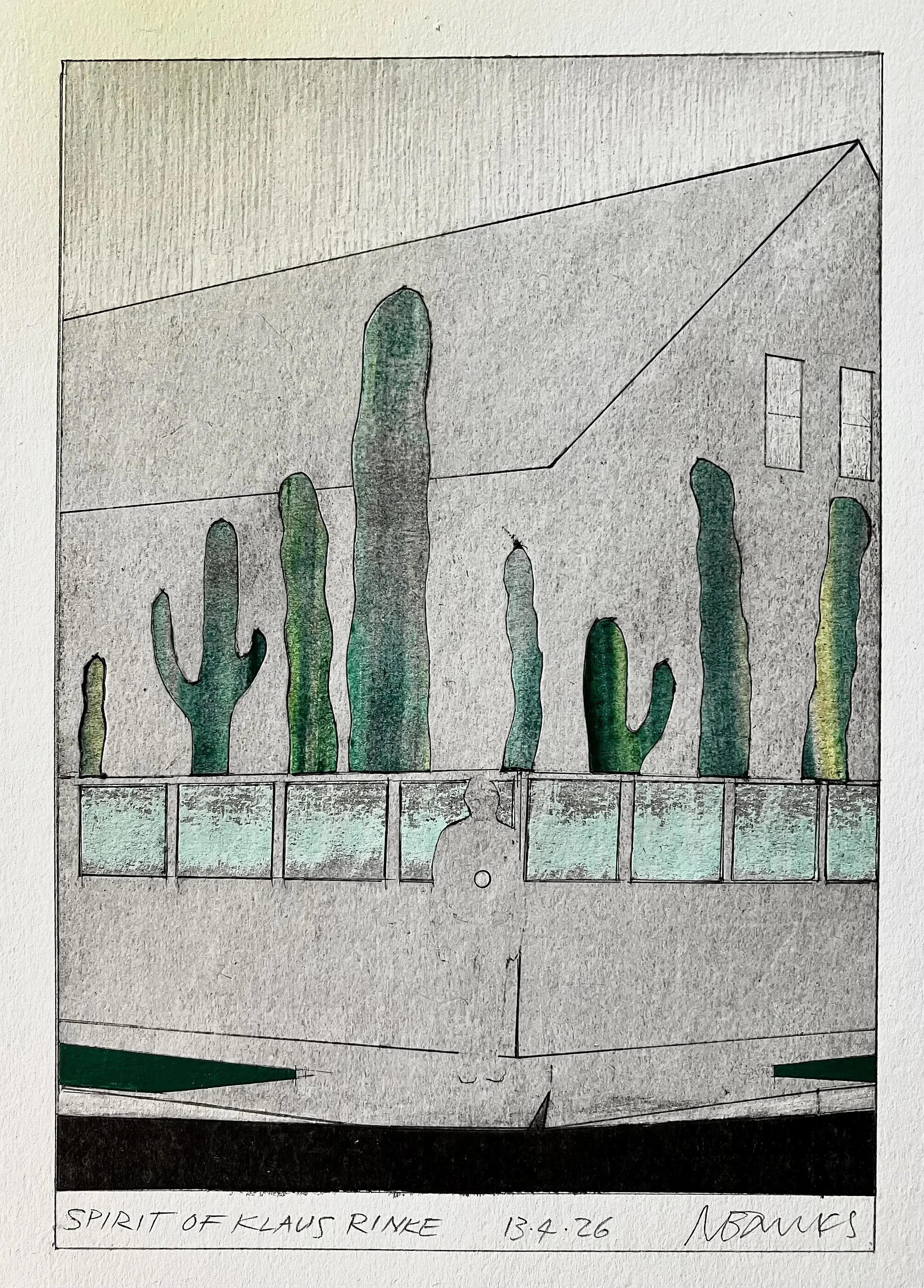 'Spirit of Klaus Rinke' 2026. Pencil, acrylic, graphite on paper. 18 x 14 cm