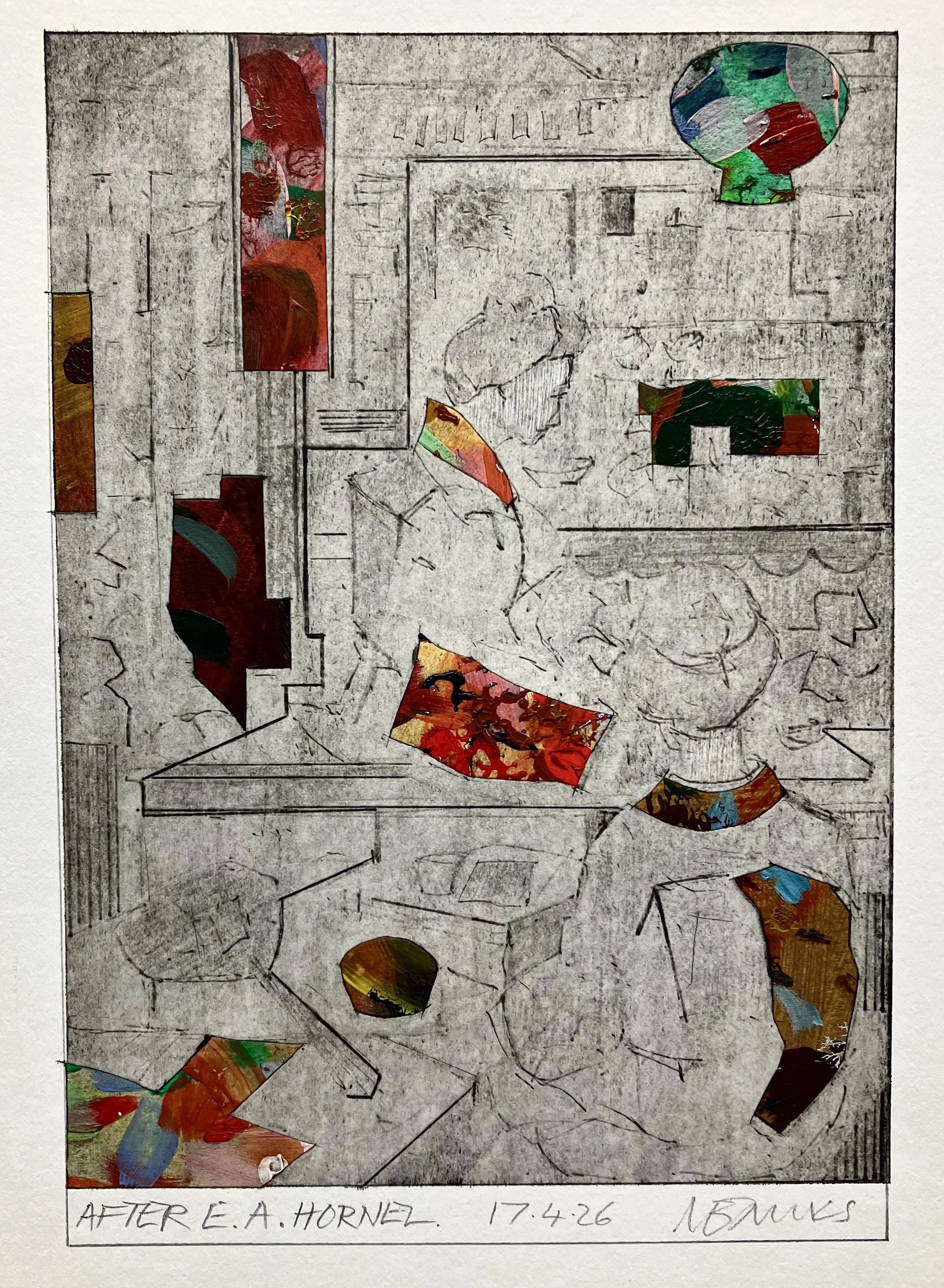 'After E.A.Hornel' 2026. Pencil, acrylic, graphite on paper.  19 x1 4cm