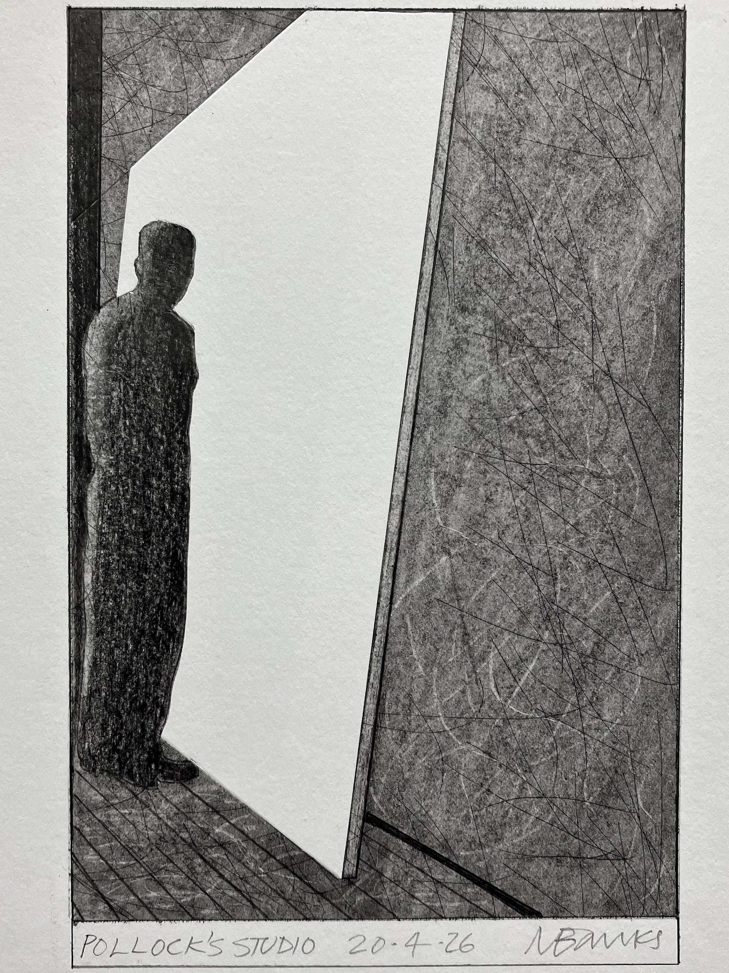 'Pollock's Studio' 2026  Pencil on paper 
 18 x 12 cm