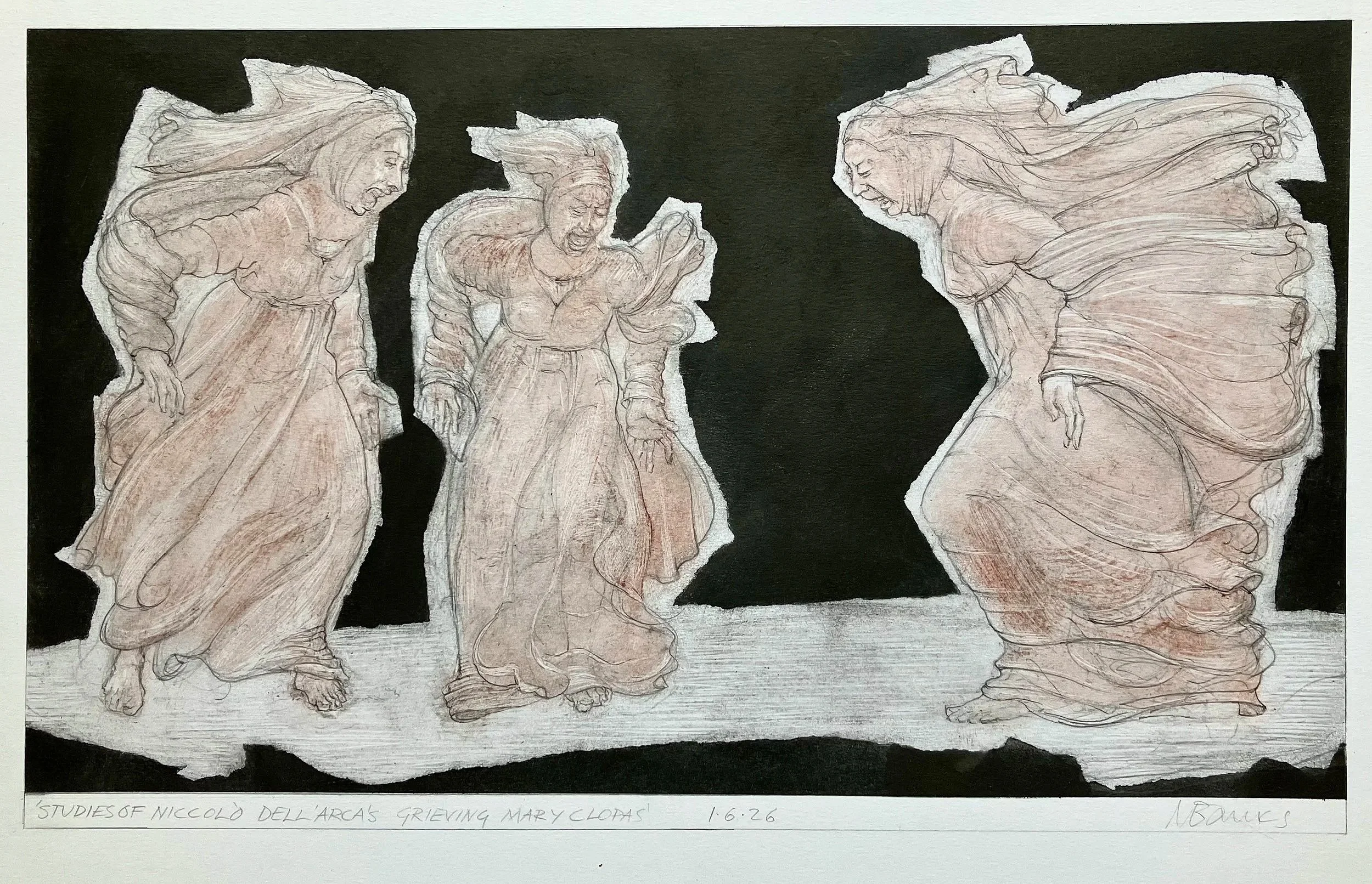 'Studies of Niccolo Dell'Arca's grieving Mary Clopas' 2026.     Pencil, graphite, pastel on paper    37 x 22 cm