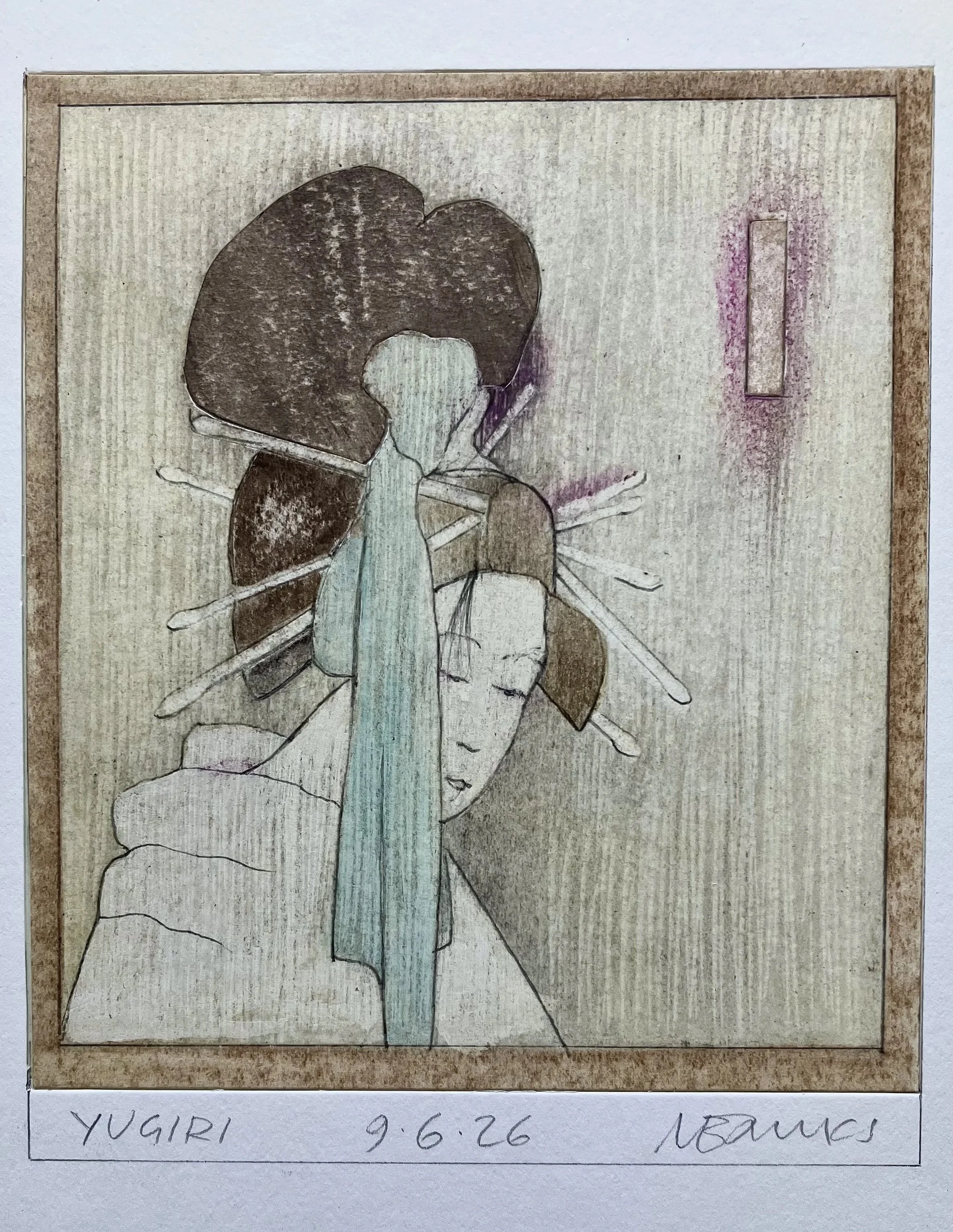 ' Yugiri'  2026. Pencil, acrylic, pastel on paper 
 15 x 13 cm