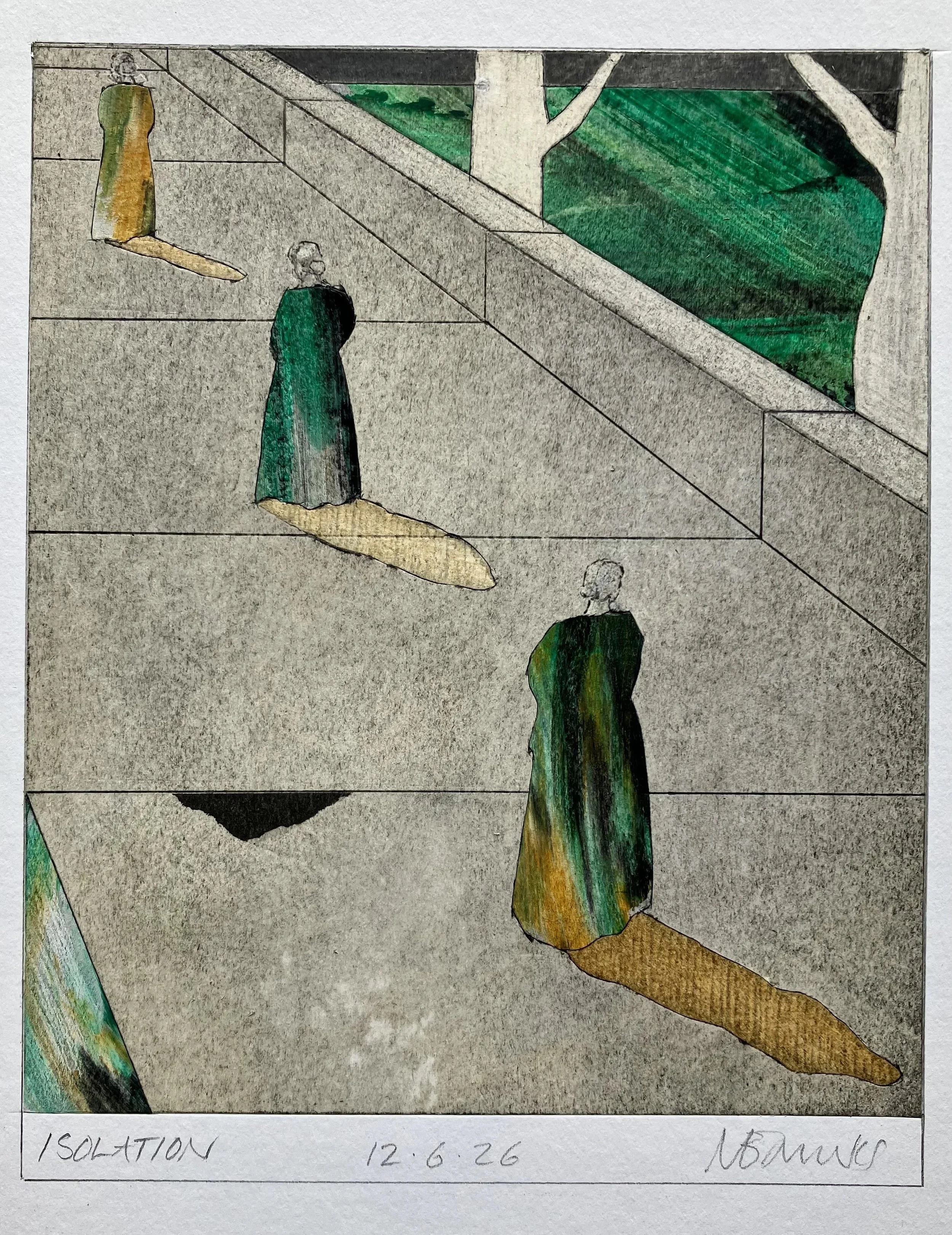 'Isolation' 2026.  Pencil, acrylic, graphite on paper.  16 x 13 cm