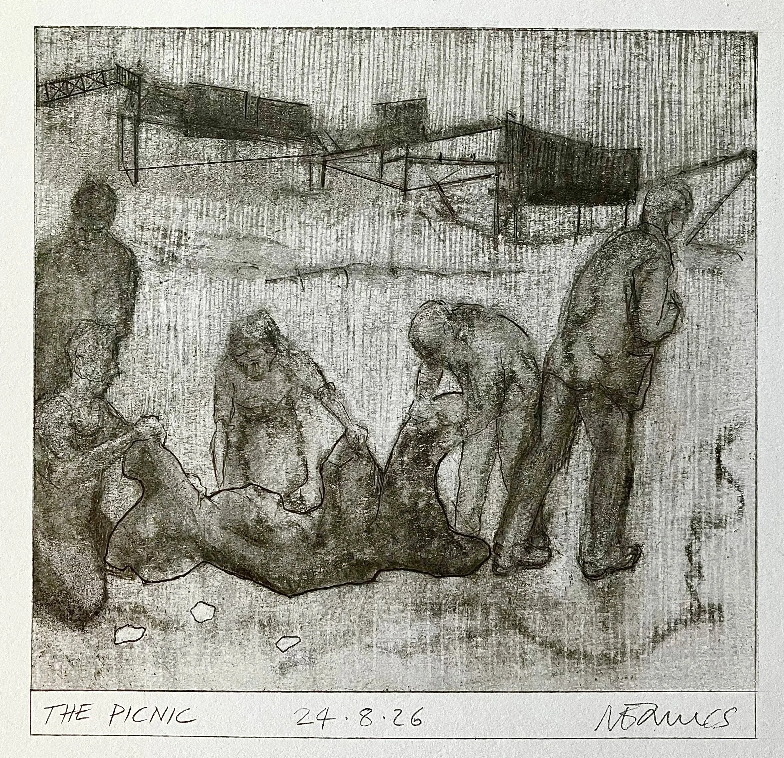'The Picnic' 2026.  Pencil on paper   16 X 15 cm