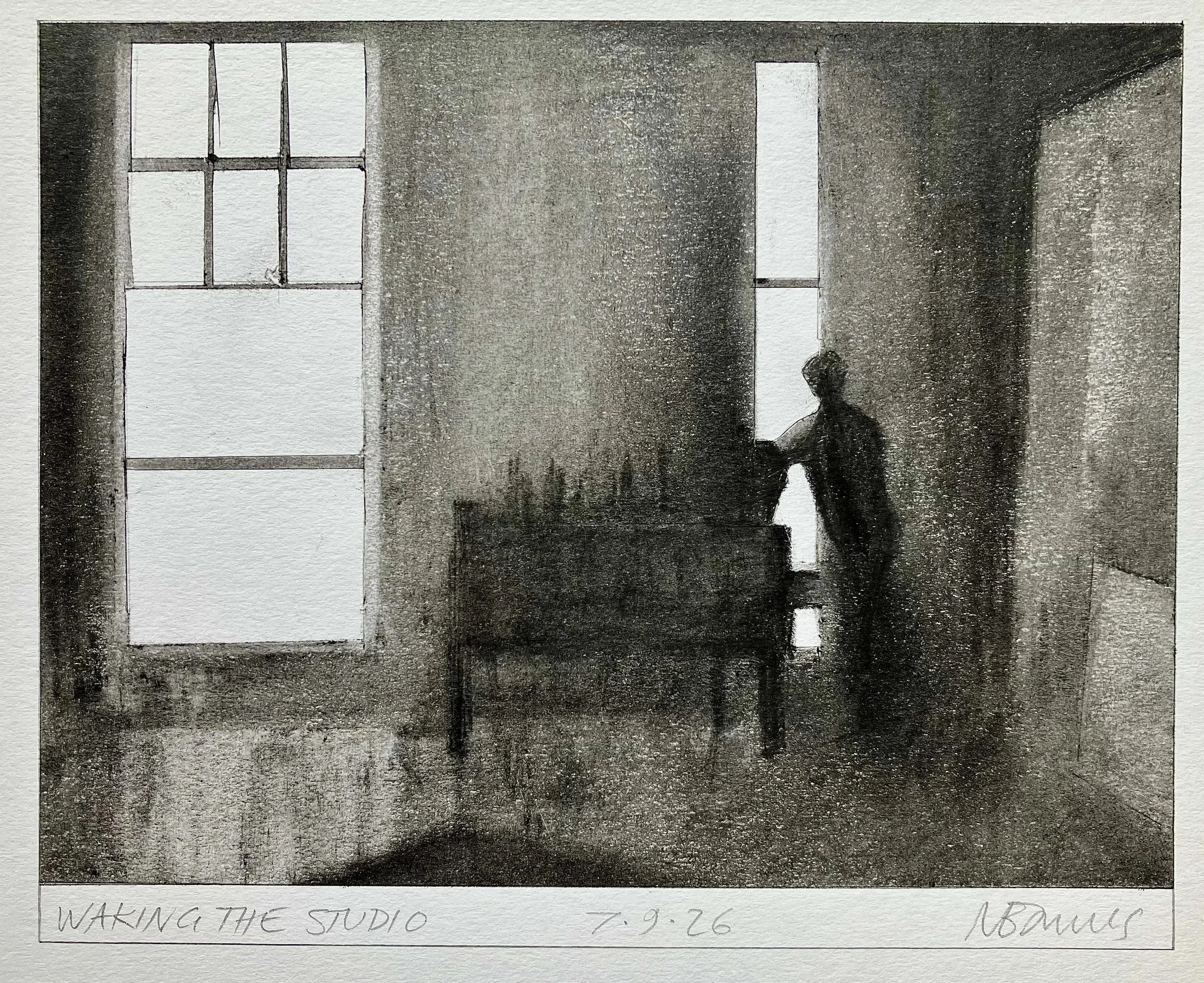 'Waking The Studio' 2026. Pencil on paper 
 19 x 14 cm