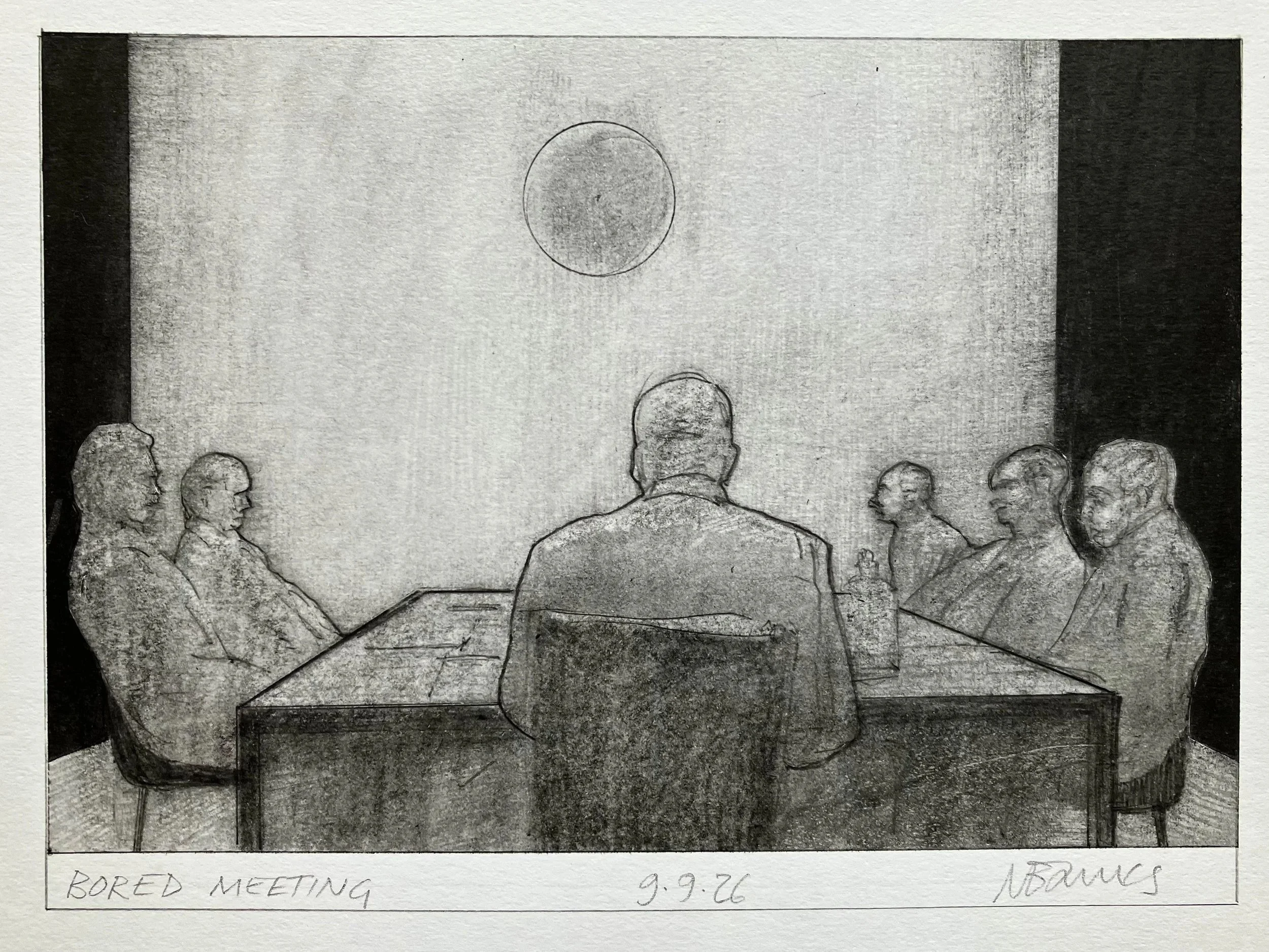 'Bored Meeting' 2026.  Pencil, graphite on paper  20 x 13 cm