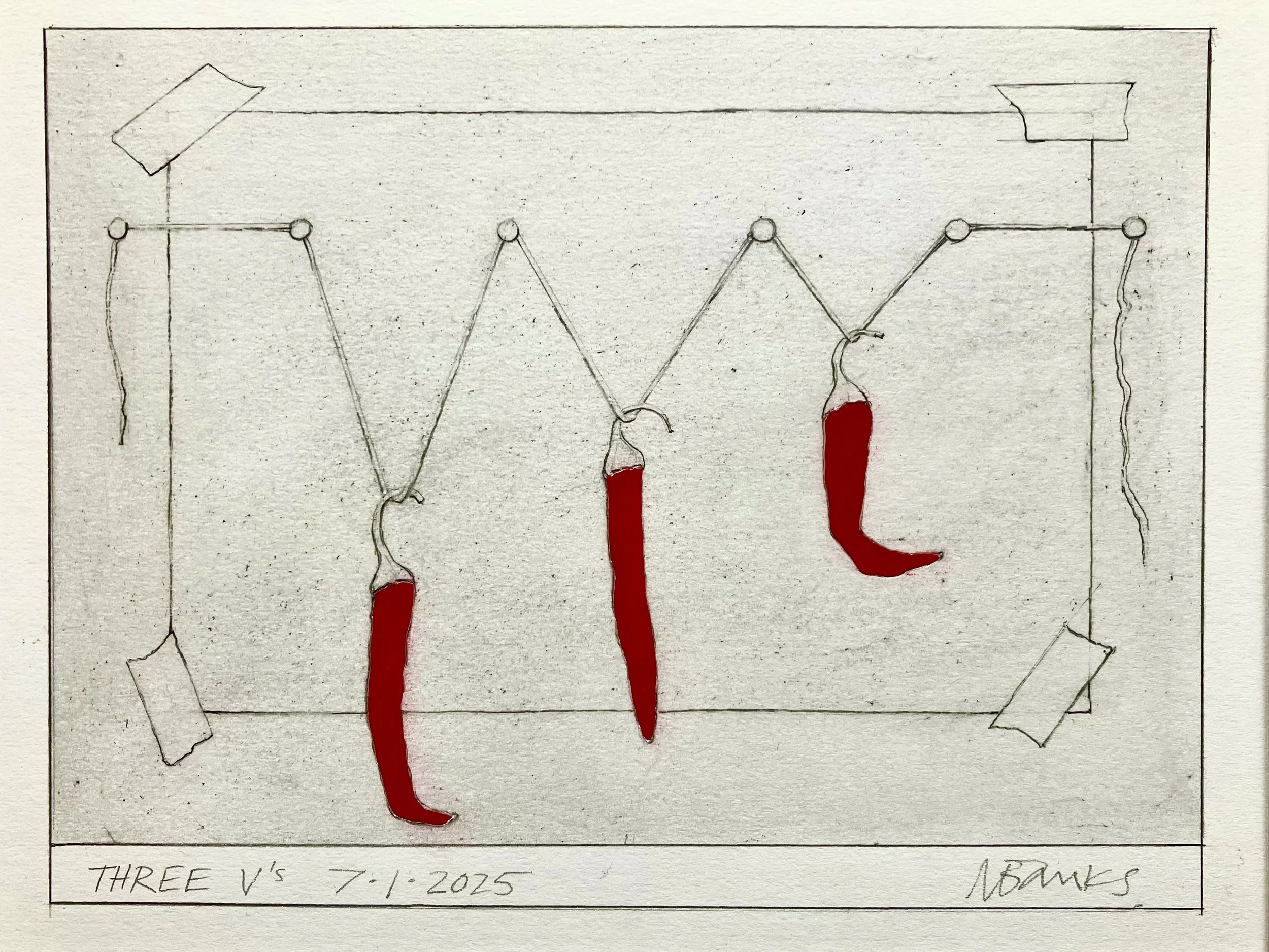 ' Three V's' 2025 . Pencil and inlaid acrylic on paper  21 x 16 cm