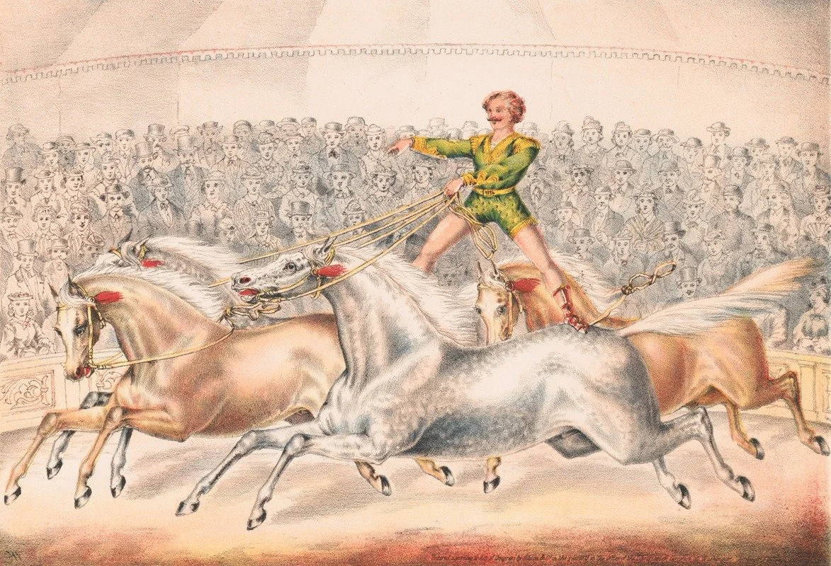 Illustration vintage d’un artiste de cirque debout sur des chevaux blancs devant une foule, symbolisant la recherche d’approbation et le besoin de validation du public.