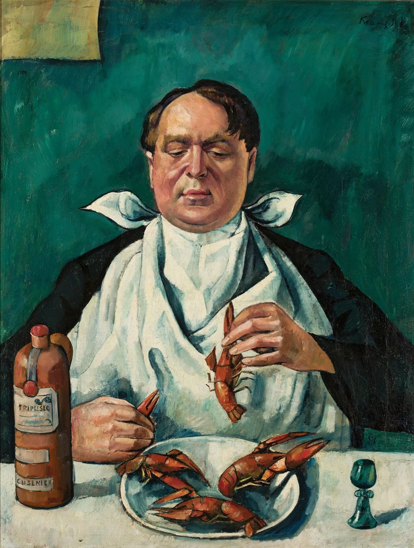 Peinture représentant un homme attablé mangeant des crustacés, symbole de la relation entre plaisir, alimentation et équilibre psychologique.