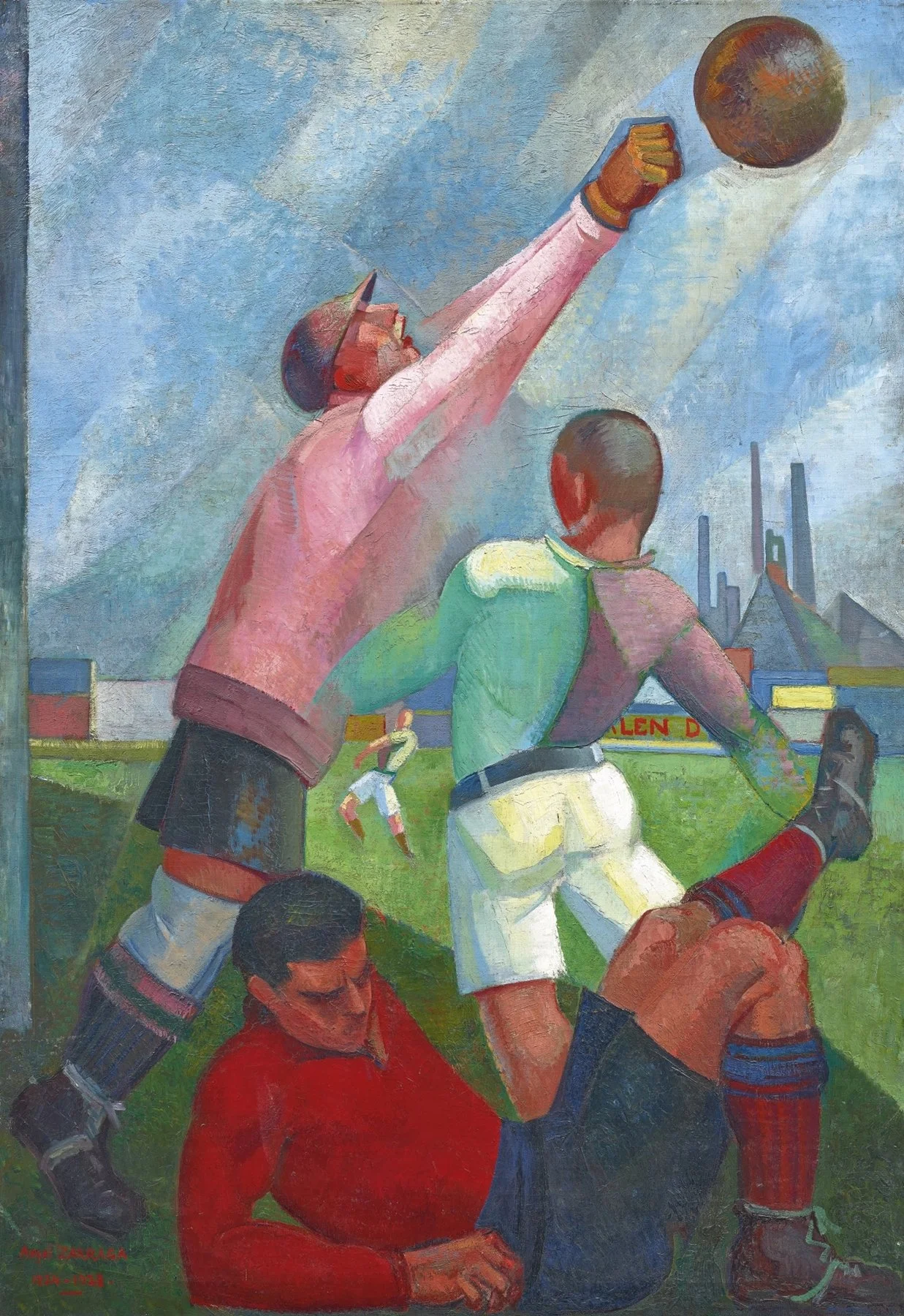 Peinture expressionniste représentant deux joueurs de football en action, l’un sautant pour intercepter le ballon, illustrant la concentration, la motivation et la performance mentale dans le sport collectif, en psychologie du sport.