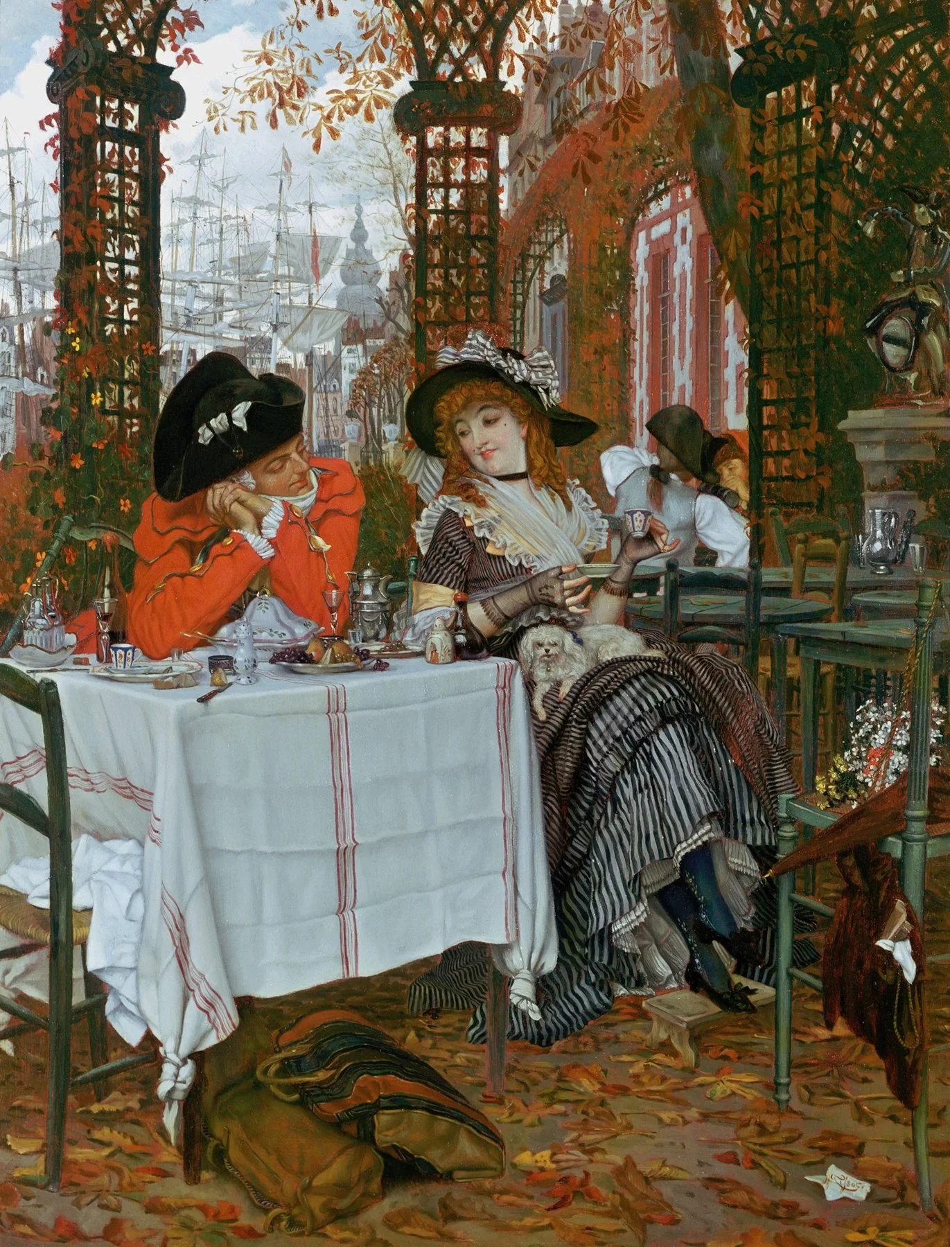 Peinture victorienne d’un couple attablé dans un café, illustrant la comparaison sociale, le regard des autres et l’impact des interactions sociales sur l’estime de soi.