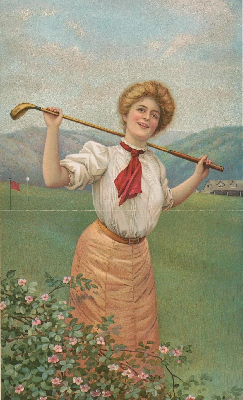 Peinture vintage d’une joueuse de golf tenant son club sur un parcours, illustrant la performance sportive, l’identité et l’équilibre mental en psychologie du sport.