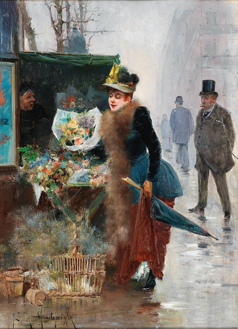 Illustration d’une femme achetant impulsivement des fleurs, représentant le lien entre émotion, stress et comportement d’achat impulsif étudié en psychologie.