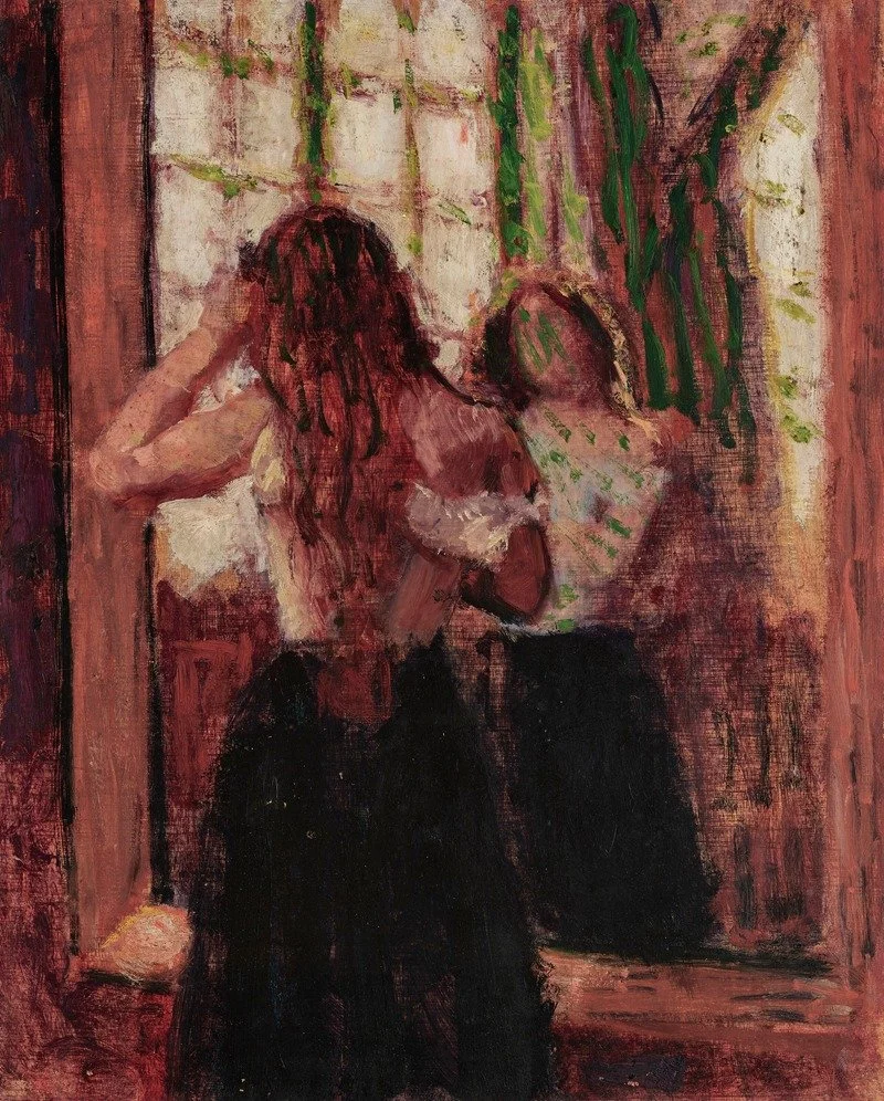 Peinture intimiste d’une femme se regardant dans un miroir, représentant l’estime de soi, l’auto-compassion et la difficulté à se voir sans le regard des autres.