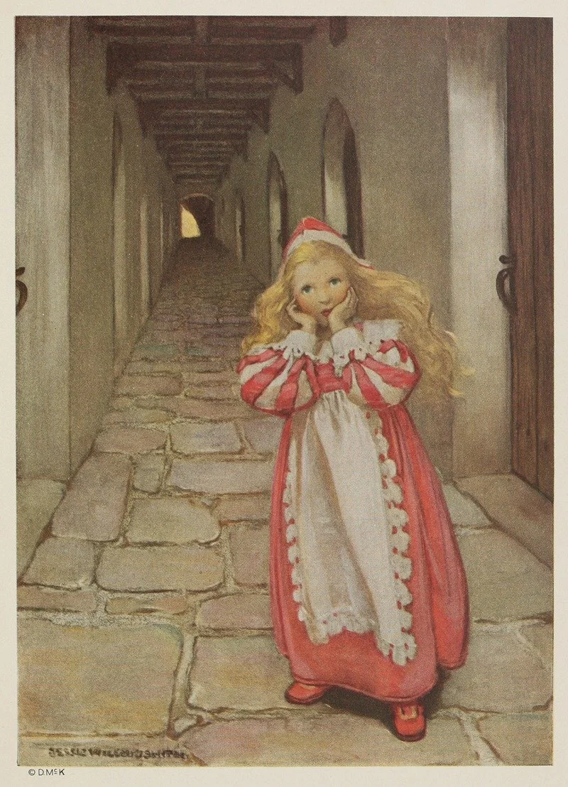 Illustration d’une petite fille pensive dans un long couloir, symbolisant l’attachement insécurisant, la peur du jugement et la recherche d’approbation dès l’enfance.
