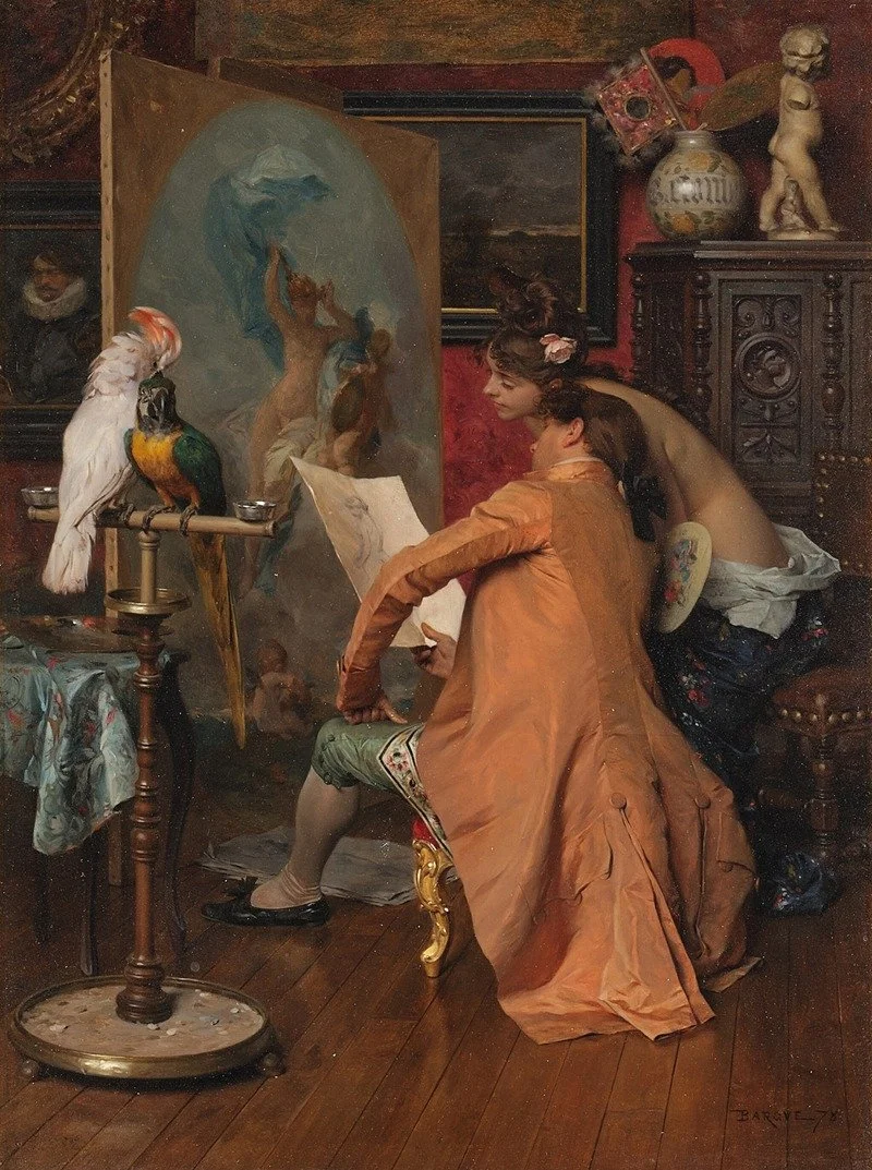 Scène d’atelier artistique du XIXᵉ siècle où une femme peint sous le regard de perroquets et d'un public, illustrant la recherche d’approbation et la validation externe.