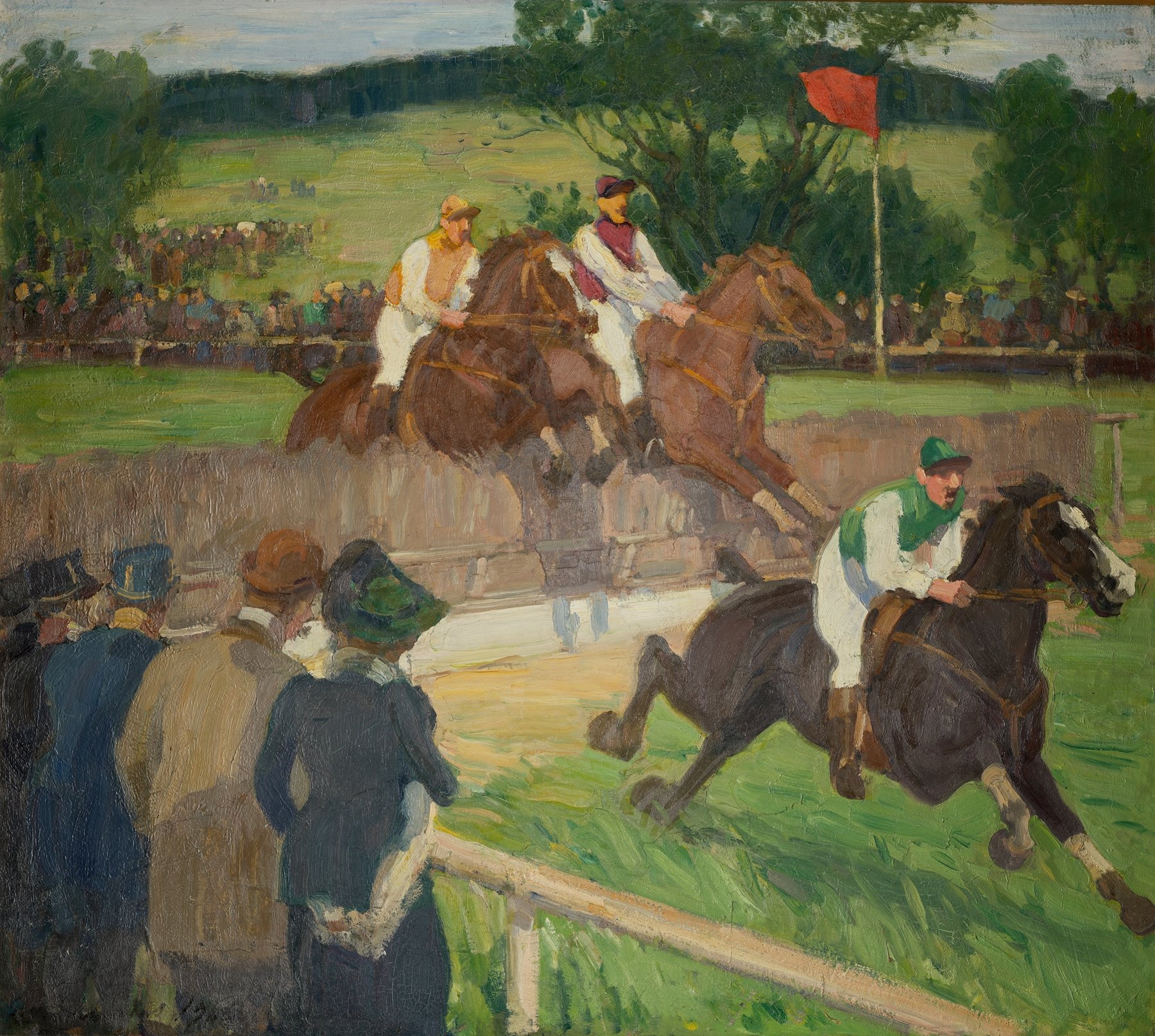Peinture d’une course hippique illustrant la performance sportive, la pression compétitive et le rôle du mental en psychologie du sport.