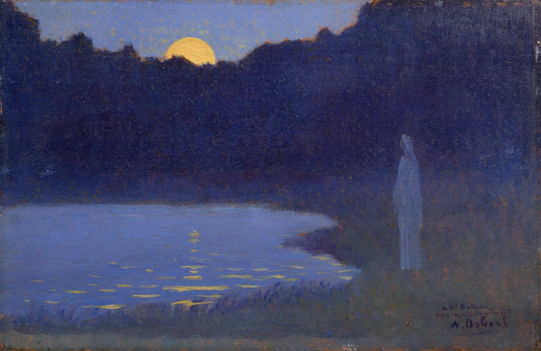 Peinture d’un lac au crépuscule avec la lune derrière la forêt et une silhouette isolée au bord de l’eau, évoquant la mélancolie, la solitude et le sentiment d’être coupé du monde.