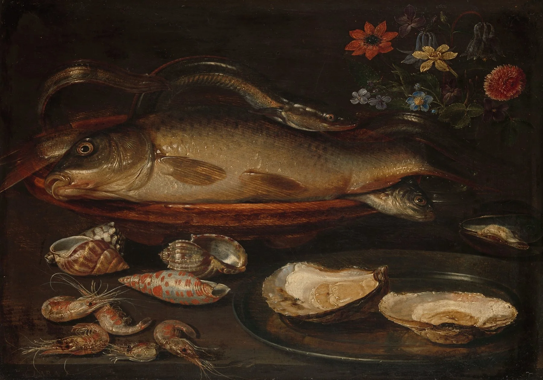 Nature morte représentant un poisson, des huîtres et des fruits de mer, symbole d’une alimentation méditerranéenne riche en poissons et en produits de la mer, soutenue par les études pour baisser la dépression