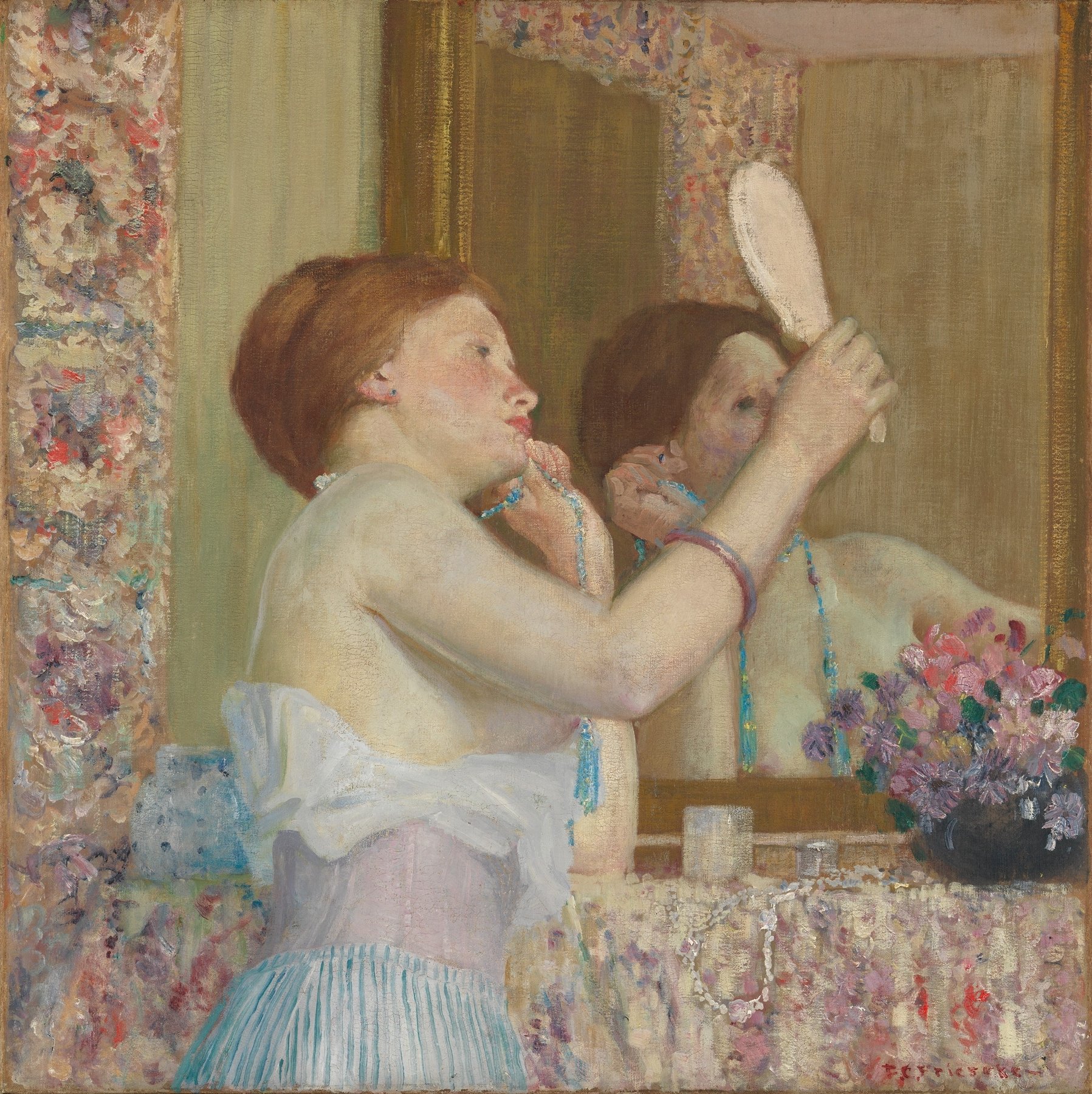 Peinture d’une femme observant son reflet dans un miroir, symbolisant l’image de soi, le regard intérieur et les mécanismes psychologiques liés à l’estime personnelle.