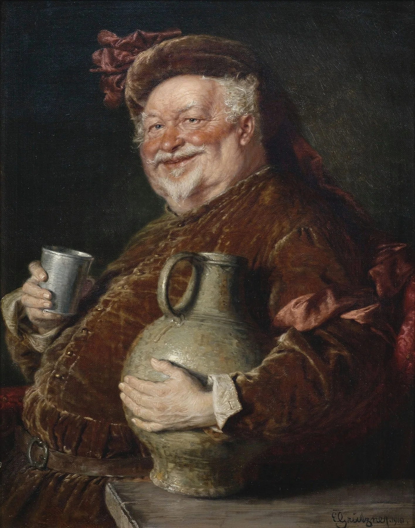 Peinture d’un homme souriant tenant une cruche et une coupe de vin, illustrant les excès et la frontière entre plaisir et déséquilibre alimentaire.