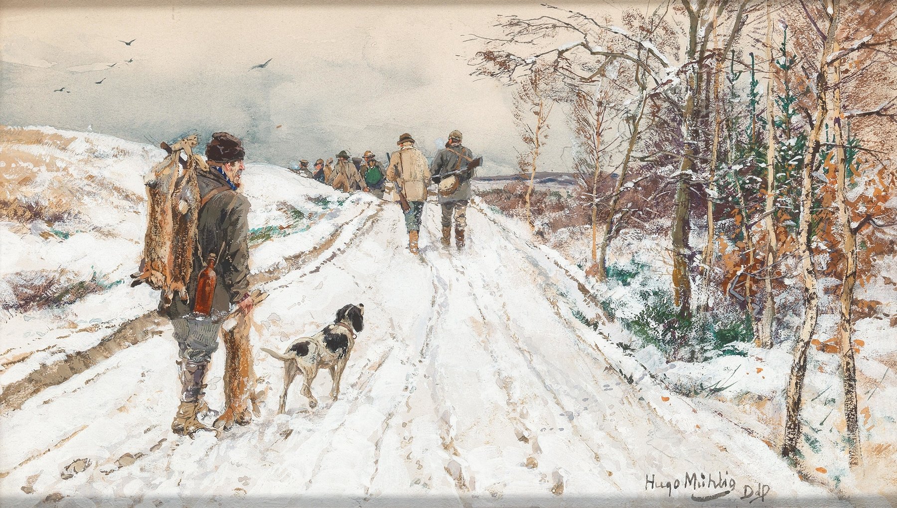 Peinture hivernale illustrant un chemin enneigé et des personnes marchant dans le froid, symbole du ralentissement et de la mélancolie liés au trouble affectif saisonnier.