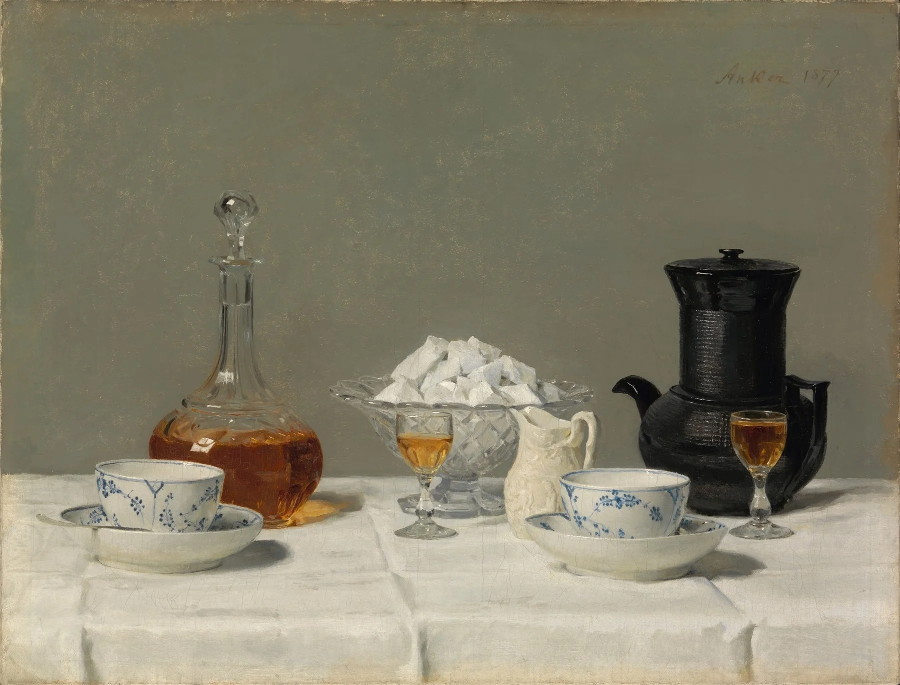 Nature morte avec café, sucre et liqueur, évoquant les habitudes alimentaires et les rythmes de vie liés au sommeil et à l’humeur.
