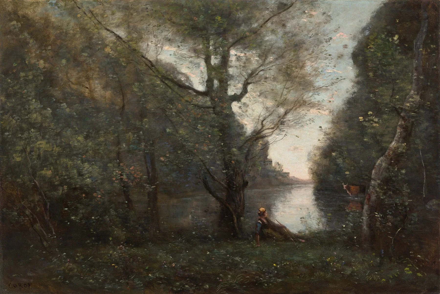 Peinture d’un enfant solitaire dans une forêt près d’une rivière, évoquant l’isolement social, la vulnérabilité et la recherche de lien dans un environnement naturel.