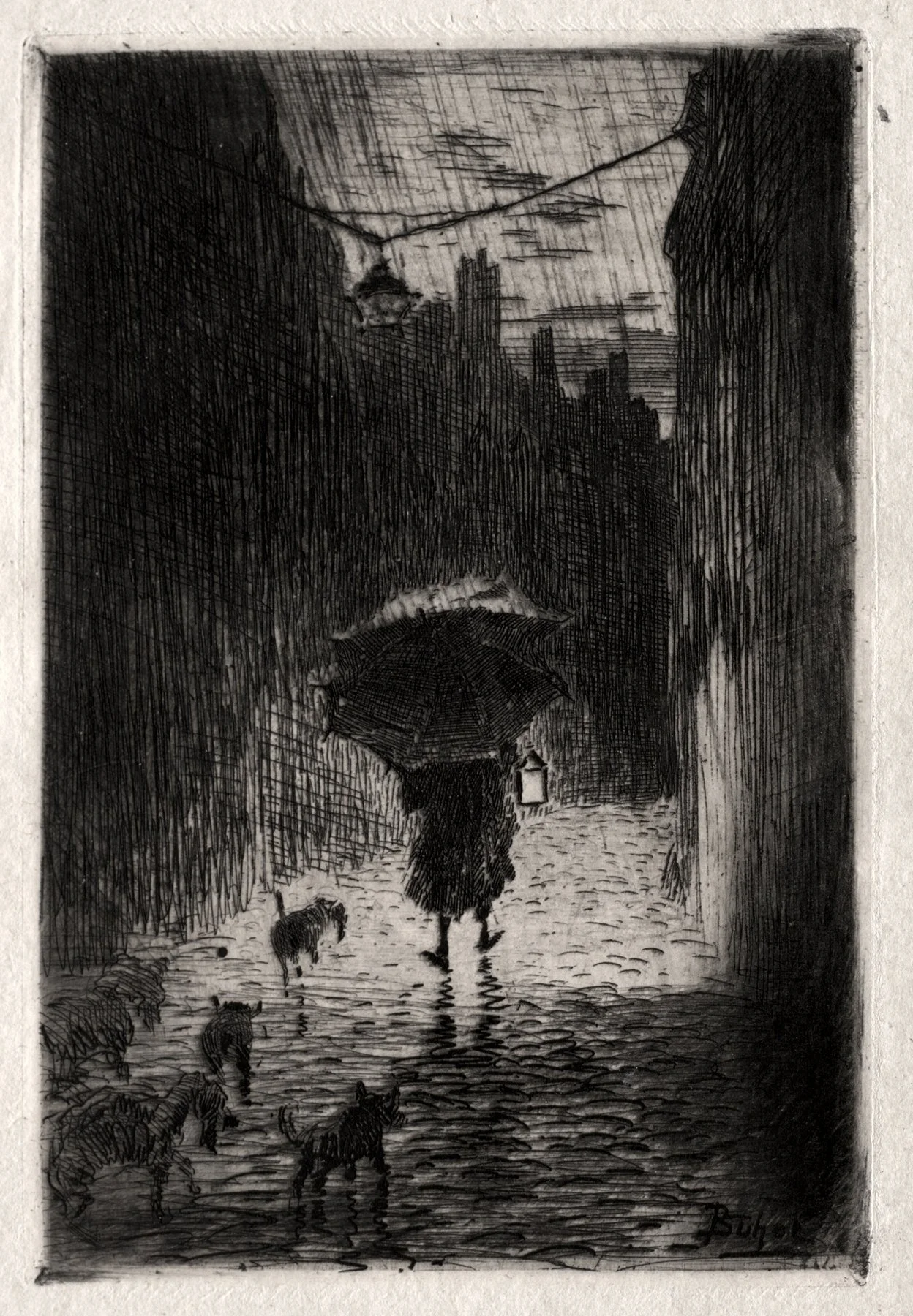 Gravure en noir et blanc représentant une personne marchant sous la pluie avec un parapluie, évoquant la solitude, la mélancolie et la dépression saisonnière hivernale.