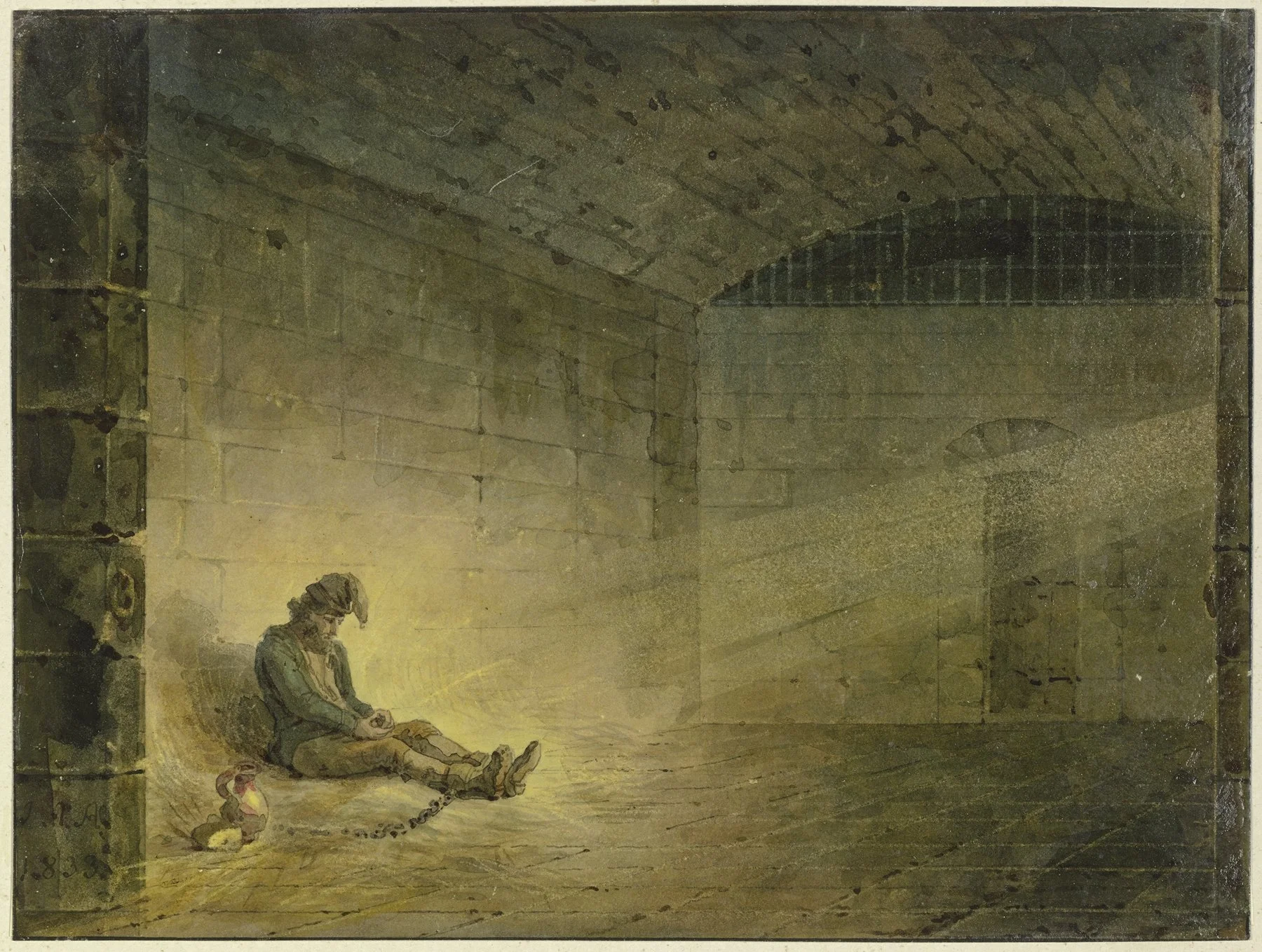 Illustration d’un homme assis au sol dans une cellule sombre, enchaîné par les pieds. Image métaphorique représentant la sensation d’emprisonnement psychique dans les TOC, entre obsessions envahissantes et perte de liberté intérieure.