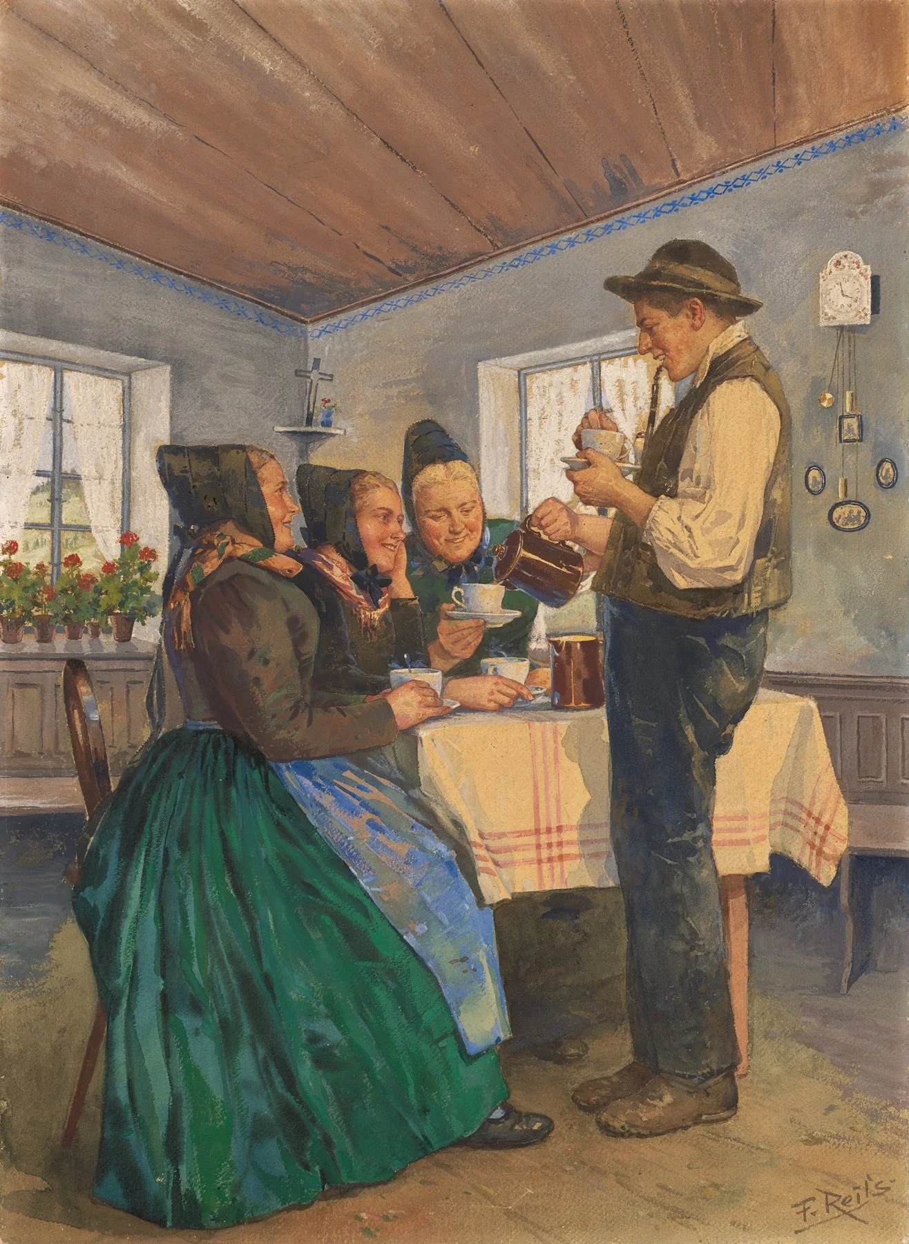 Scène de vie rurale où un homme sert du café à des femmes attablées, évoquant les rituels quotidiens et l’importance des routines dans l’équilibre psychologique.