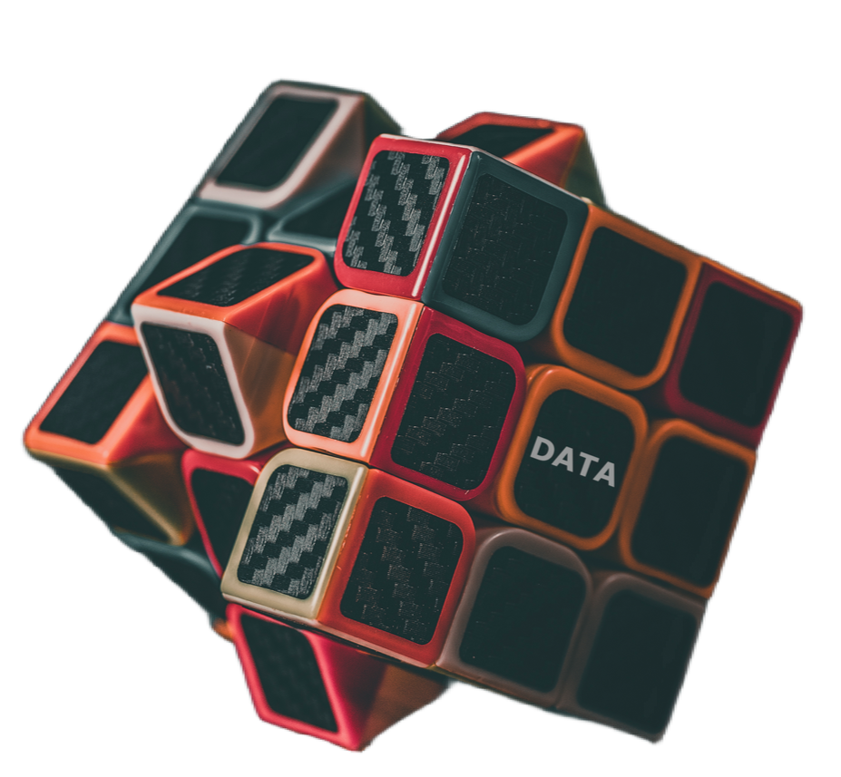 A 3D image of a Rubik's Cube with black, red, orange, and cream-colored squares, some squares with a carbon fiber pattern, and one square labeled 'DATA' on a black background, set against a black background.