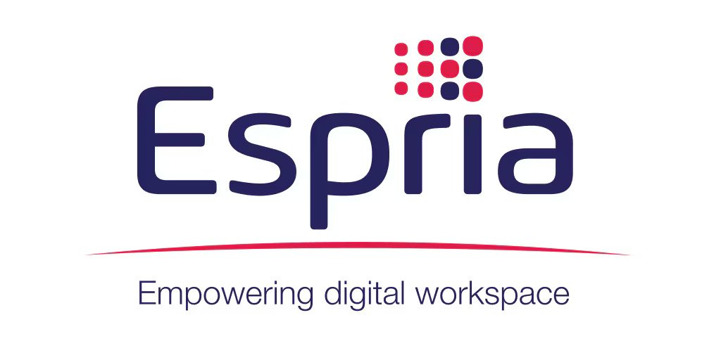 Espria logo with slogan "Empowering digital workspace," featuring blue text and red dot design.