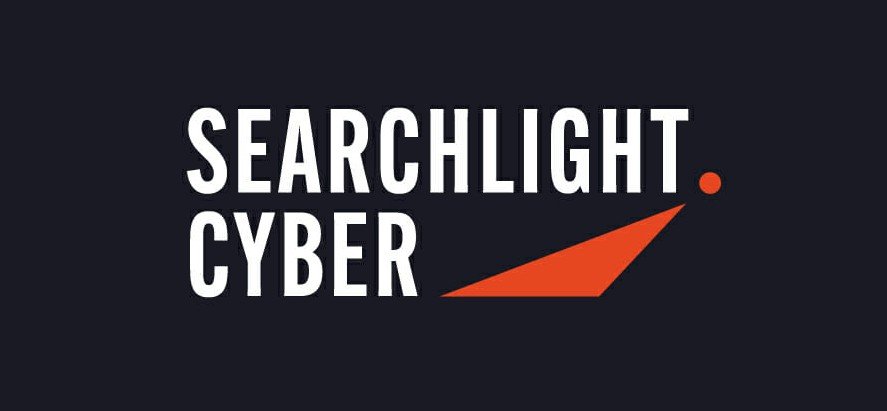 Searchlight Cyber logo with white text and red triangle on black background.
