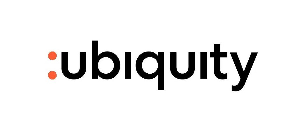Logo of the word 'ubiquity' with two red dots before the 'u' resembling a colon.