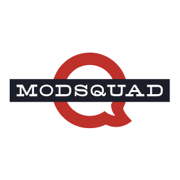 ModSquad logo featuring the word 'MODSQUAD' in bold letters over a red stylized letter 'Q' against a white background.