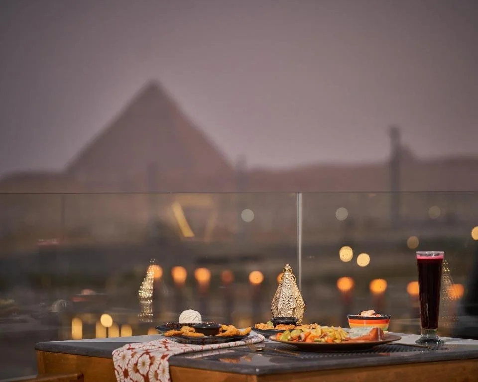 Dinner with pyramids view from the Royal Grand Pyramid Inn in Cairo