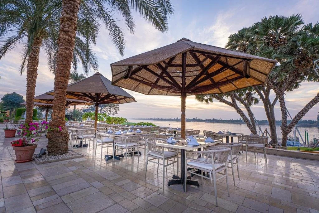 Outdoor terrace view at sunset at Jolie Ville hotel in Luxor