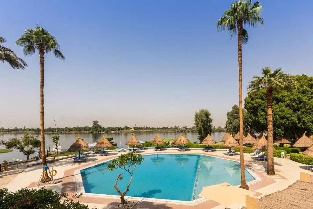 Pool view at the Jolie Ville Hotel in Luxor
