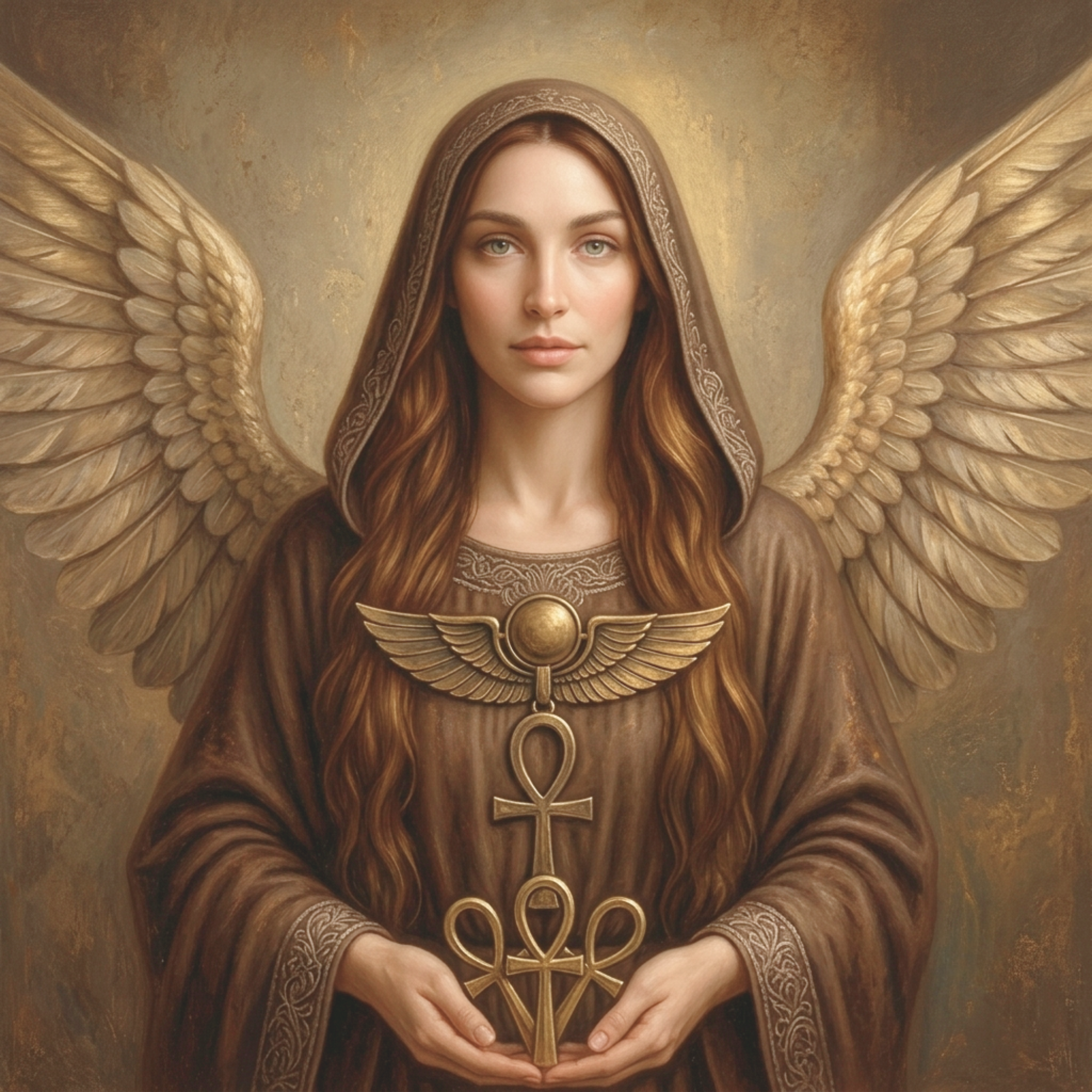 Sacred feminine figure with wings holding an ankh symbol — divine feminine energy and Isis-Magdalene priestess initiation training