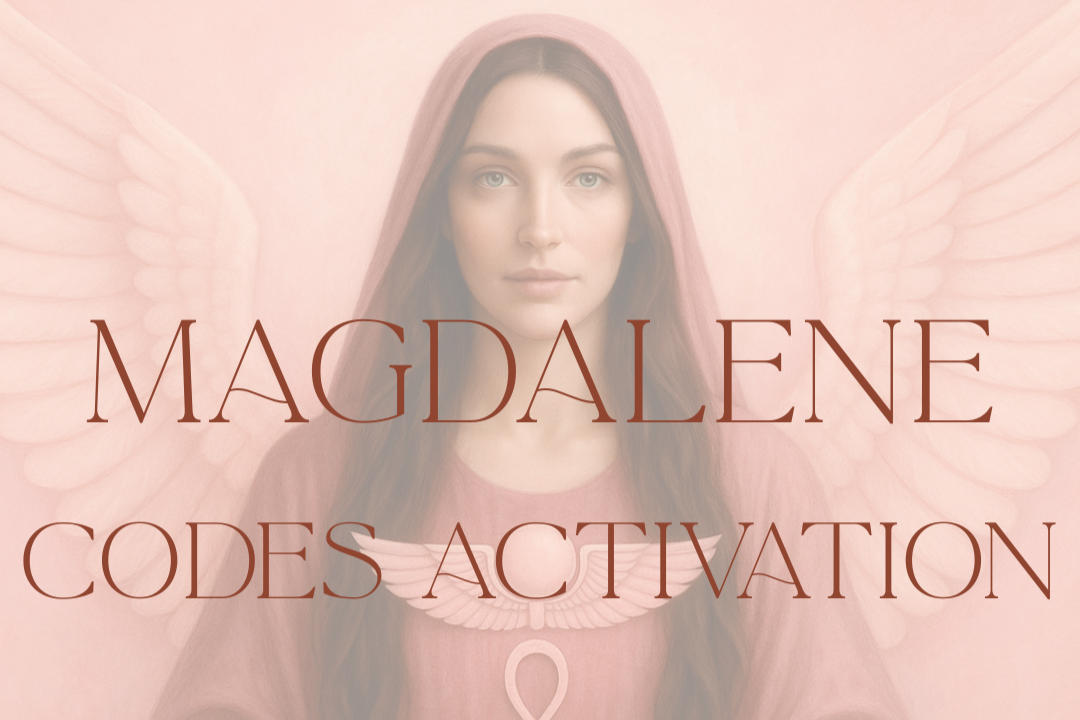 Divine feminine figure in rose tones with angelic wings, symbolizing Magdalene Codes Activation — a sacred womb ceremony for feminine remembrance, light codes transmission, and ancestral healing guided by Mary Magdalene and Isis.