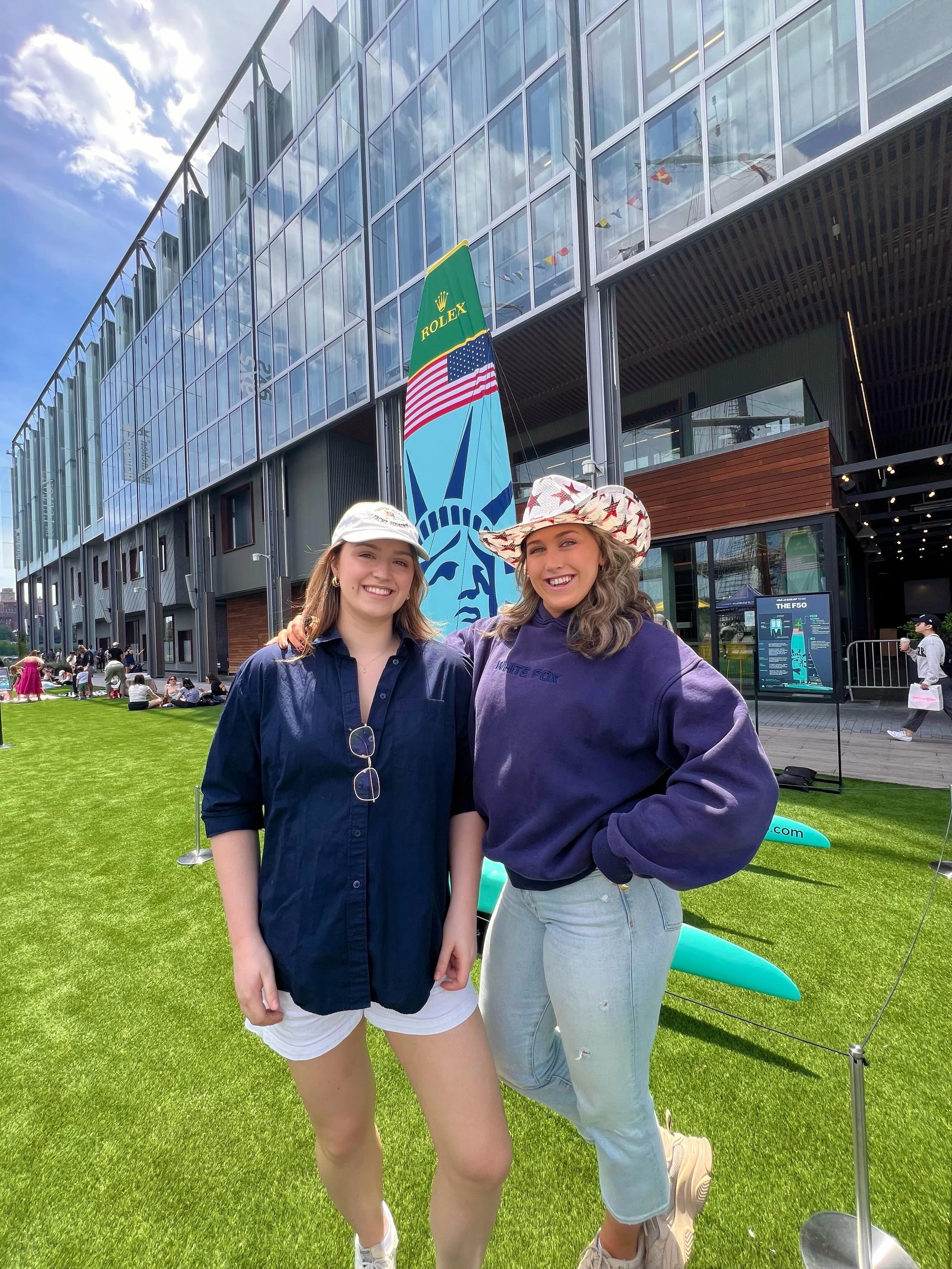 My twin sister and I have officially set sail into our first @sailgp weekend on the water! Thank you so much @goalclick for giving us a taste of the hard work happening here on the Hudson 🌊 rain or shine, we know how to have a good time! That is... 