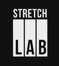 Logo with the words 'Stretch Lab' in bold white text on a black background, arranged vertically.