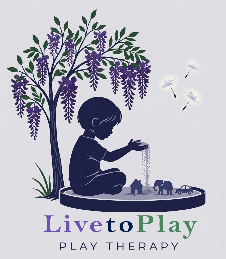 Silhouette of a child playing with toy animals, a house, and a car in a sand tray under a wisteria tree and three dandelion seeds blowing in the wind. The text reads 'Live to Play' and 'Play Therapy'.