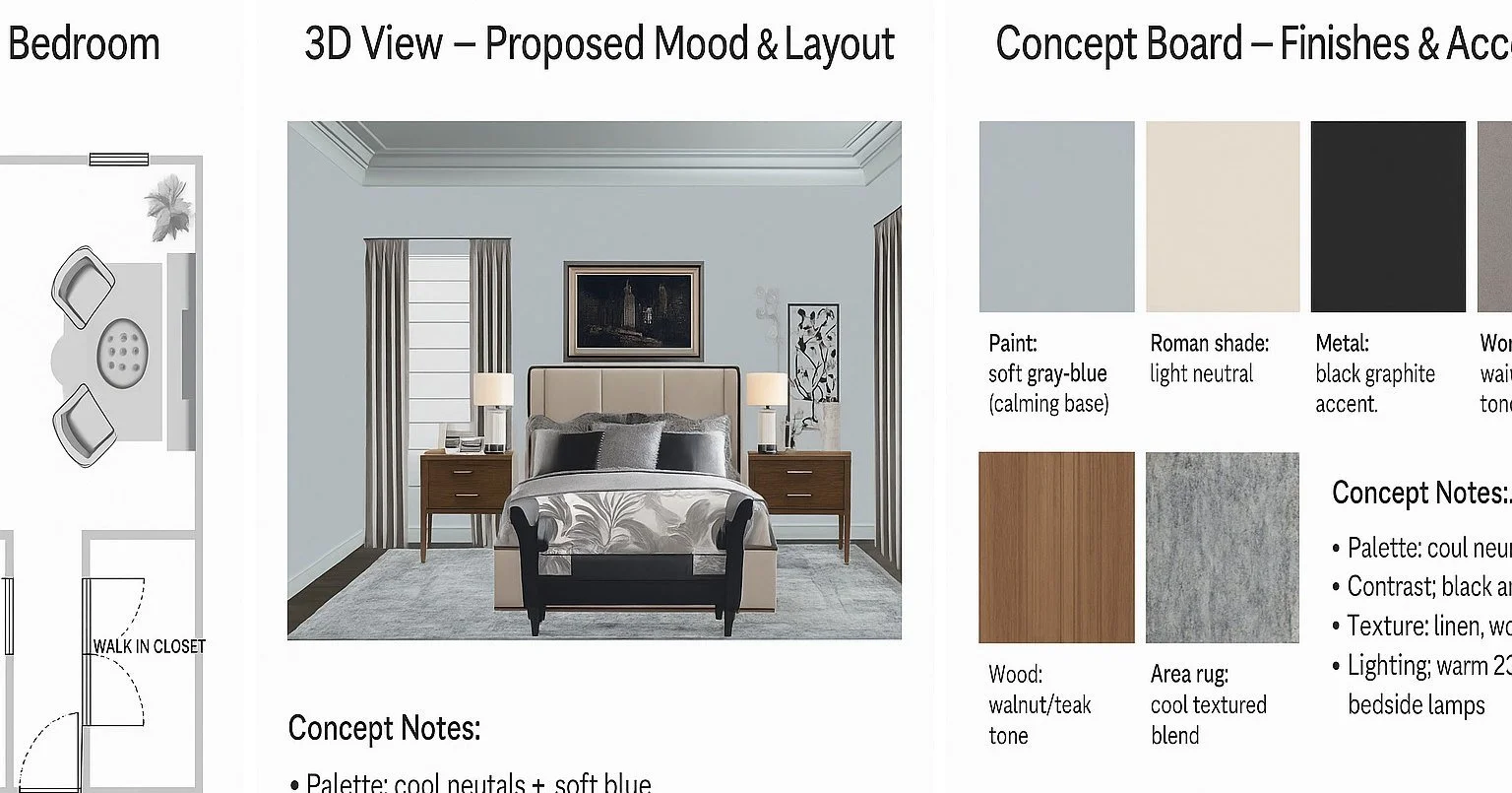 A behind-the-scenes look at my design process &mdash; from initial floor plan and 3D layout to the final concept direction.
Every project begins with space planning and proportion, evolves through layered finishes and materials, and ends with a cohes