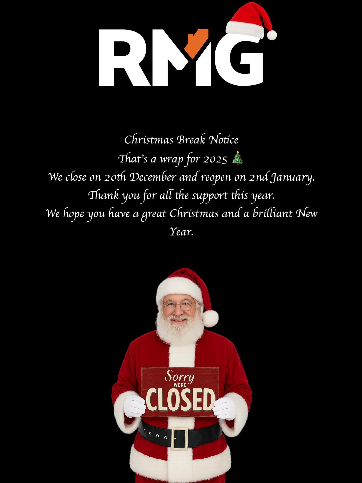 That&rsquo;s a wrap for the year 🎄

RMG will be closing on 20th December and reopening on 2nd January.

Thank you to all our clients, partners, and suppliers for the support throughout the year. We really appreciate it.

We hope you all have a fanta
