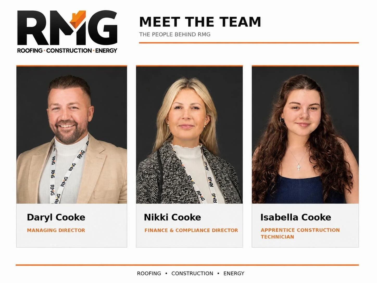 Meet some of the team behind RMG 👋

Family Values. Commercial Standards.

Three people representing the experience, structure and future of our business.

Daryl - Experience &amp; Leadership
Nikki - Structure &amp; Standards
Isabella - The Next Gene
