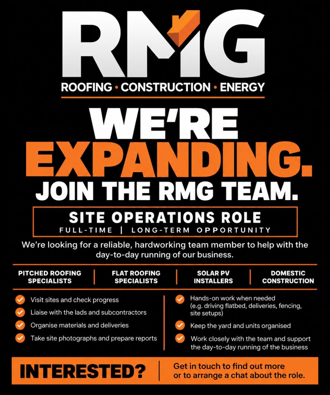 WE&rsquo;RE EXPANDING!

We&rsquo;re looking for someone to join the RMG team full-time!

A varied, hands-on role helping with site operations, organising the lads, deliveries, materials and keeping our projects running smoothly.

We&rsquo;re looking 