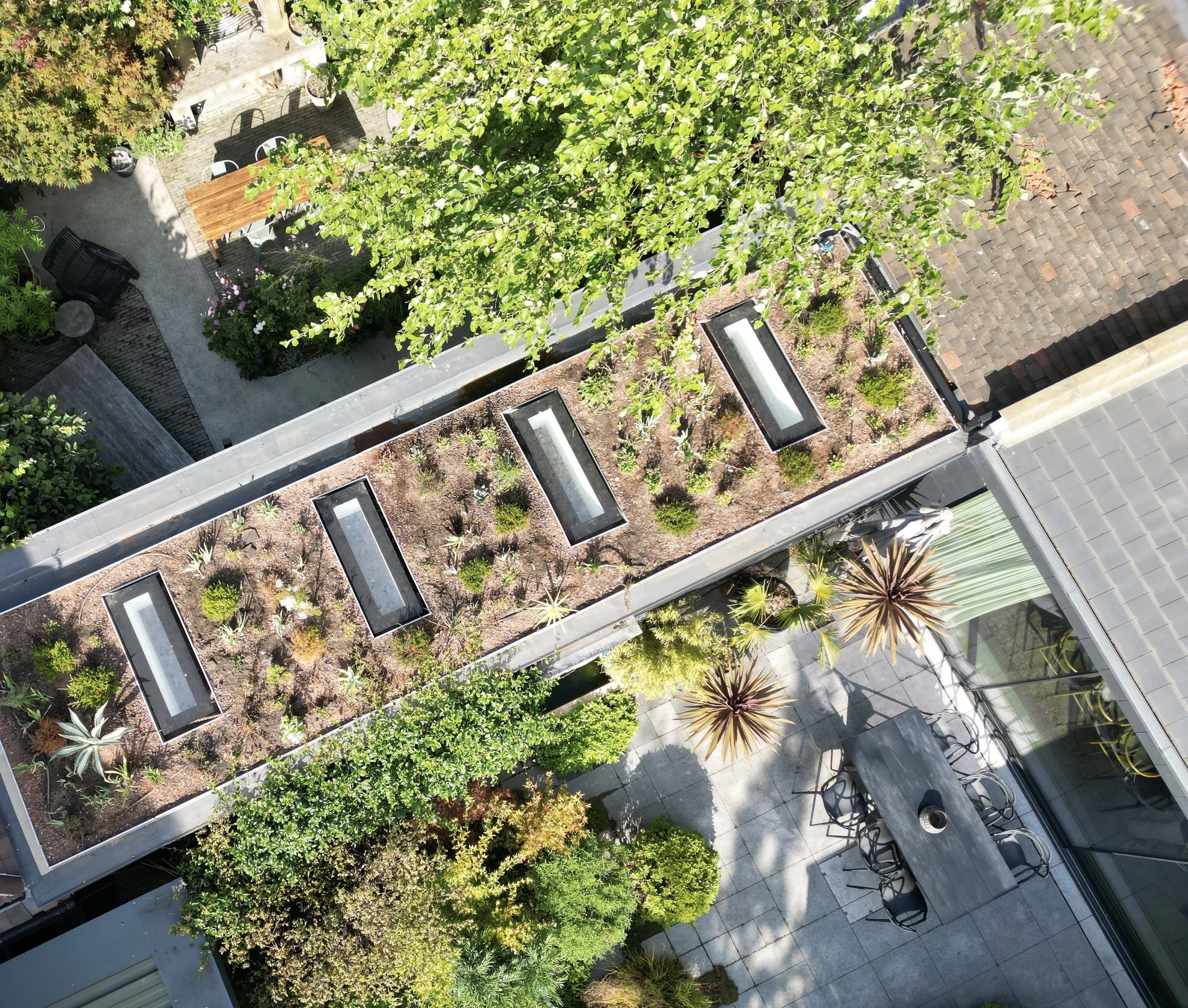 Aerial view of a rooftop garden with a variety of green plants, trees, and some outdoor furniture on a patio area with cobblestone paving.