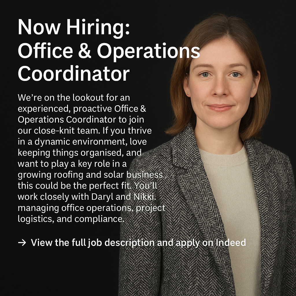 Job advertisement for Office & Operations Coordinator position featuring a woman with shoulder-length brown hair, wearing a gray patterned blazer and light-colored top, against a dark background.