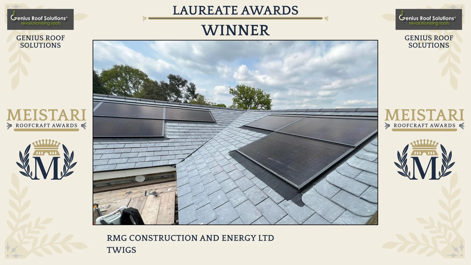 A rooftop installation featuring solar panels on a slate roof, with a background of a partly cloudy sky and trees.